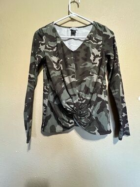 Forever 21 Green Camo Twist-Front Long Sleeve Top